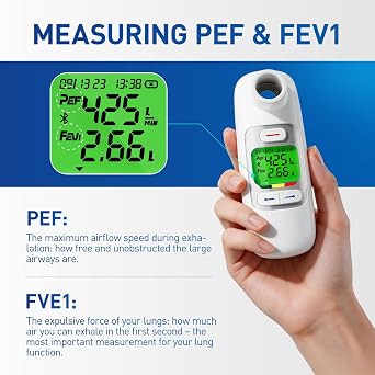 Peak flow meter for adults uk with Bluetooth, App Tracking, Risk Indicator PEF & FEV1