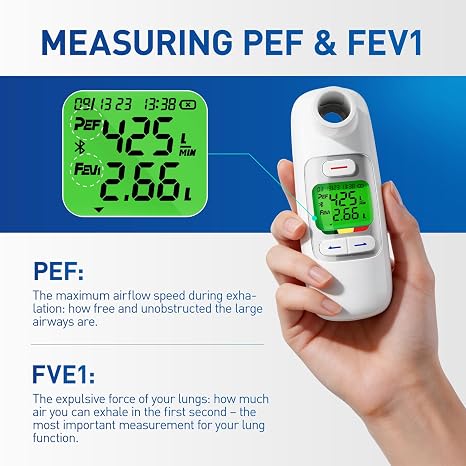 Peak flow meter for adults uk with Bluetooth, App Tracking, Risk Indicator PEF & FEV1