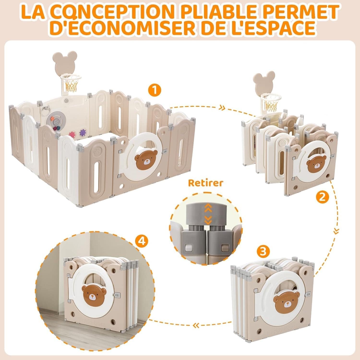 Opvouwbare kinderbox voor kinderen, 143 x 143 x 64 cm met 12 stuks module, verstelbare vorm voor pasgeborenen, met basketbalmand, basketbal en speeltafel, niet- giftig HDPE-materiaal