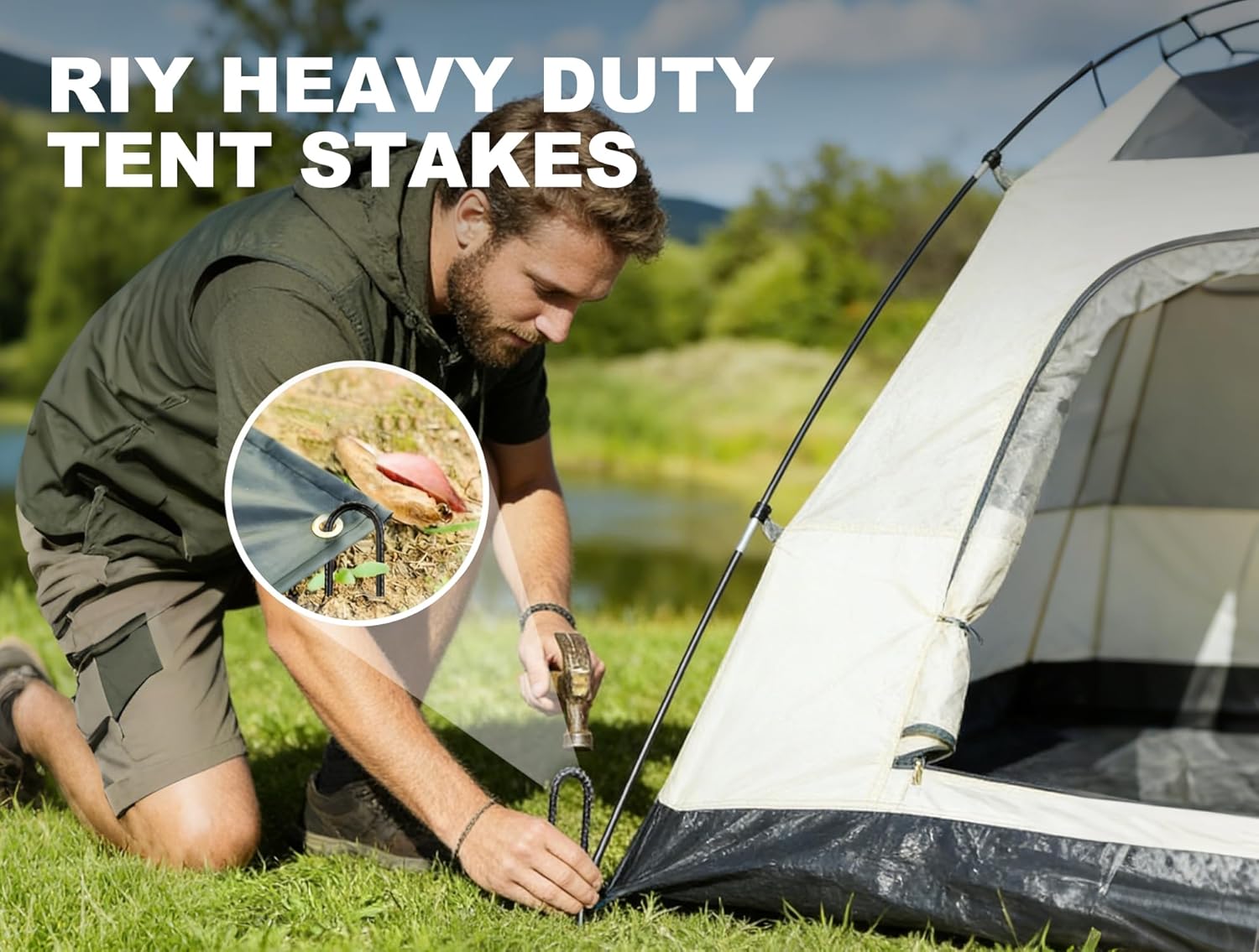 RIY Tent Stakes Heavy Duty High Wind Ground Anchors 12 Inch Galvanized Steel Rebar Stakes for Tent, Dog Fence, Trampoline, Yard Decorations, U Shaped 16 Pack Black