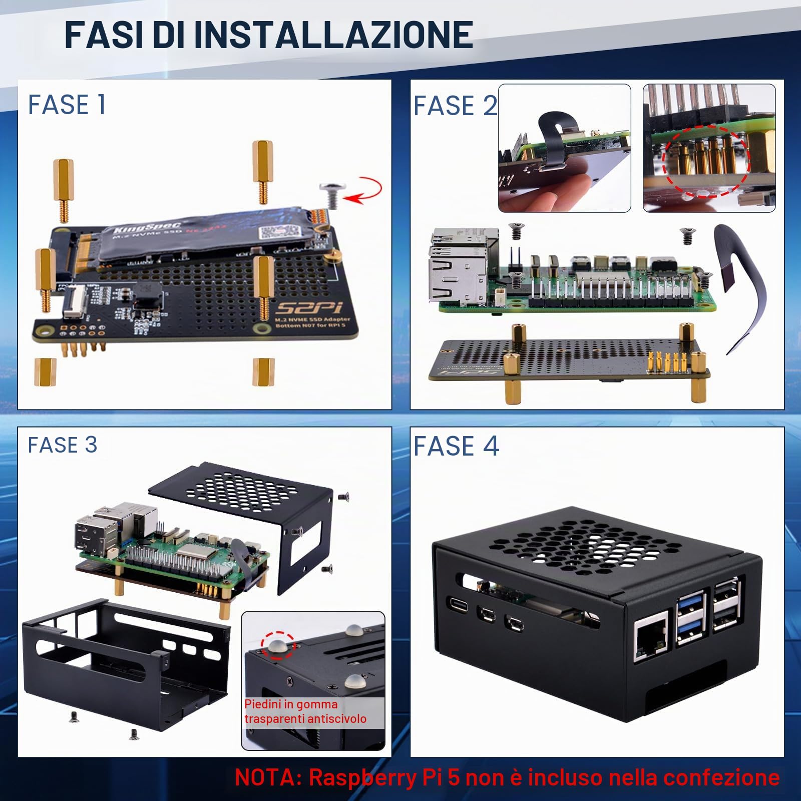 GeeekPi Alloggiamento in metallo con scheda periferica N07 M.2 NVMe SSD Pip PCIe per Raspberry Pi 5, supporto M.2 Key-M NVMe SSD 2230/2242/2260/2280