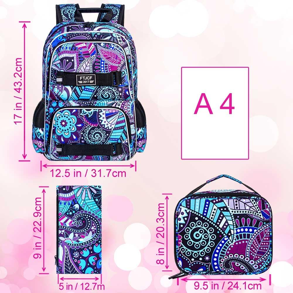 AGSDON Laptop Backpack, 17 Inch School Bag College Bookbag, Anti Theft Daypack Bags and Lunch Bag Set, Water Resistant Flowers Backpacks(Dk.purple
