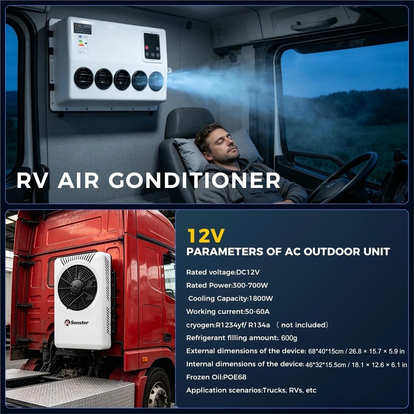 Unità di condizionamento d'aria, Sistema di condizionamento d'aria elettrico spaccato del condizionatore 12V parcheggio 10000BTU per il camion trattore Bus Van,per casa e camper(12V)