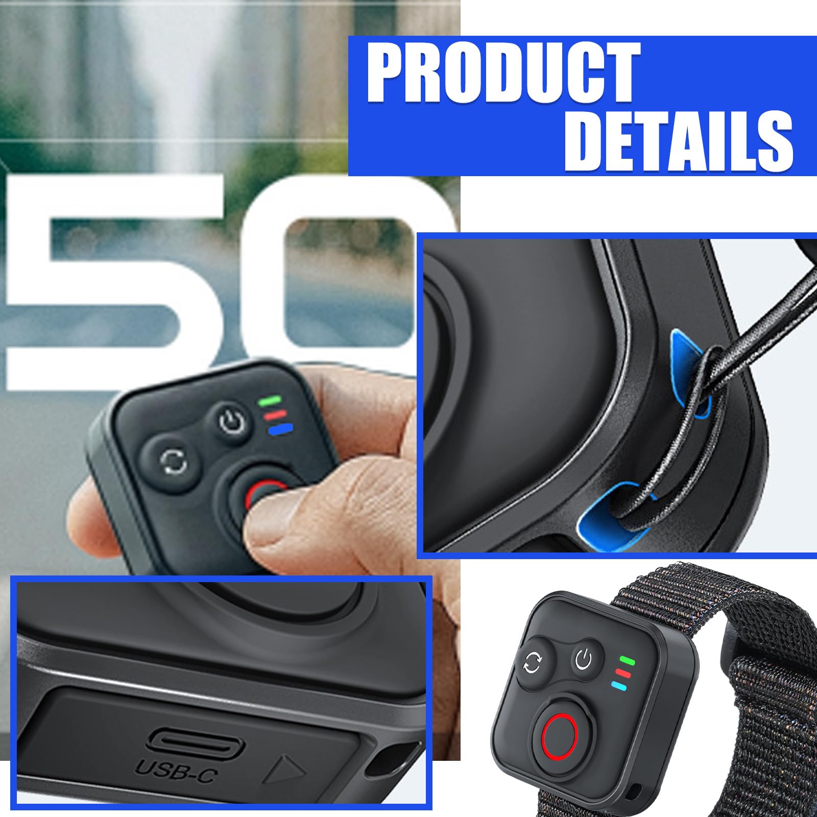 Telecomando Bluetooth per Insta360 X5/X4/X3/X2/ONE RS 1/Ace Pro/Ace Pro 2/A-ce/GO 3S/Hero 13/12/11/10/9/8/MAX/Mini/IOS/Android, portata 50 m, wireless, con cinturino da polso