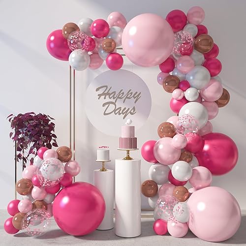 LovesTown Kit de guirnalda de globos rosa rosa, kit de arco de 150 unidades, globos de látex metálicos rosa intenso con confeti rosa intenso para