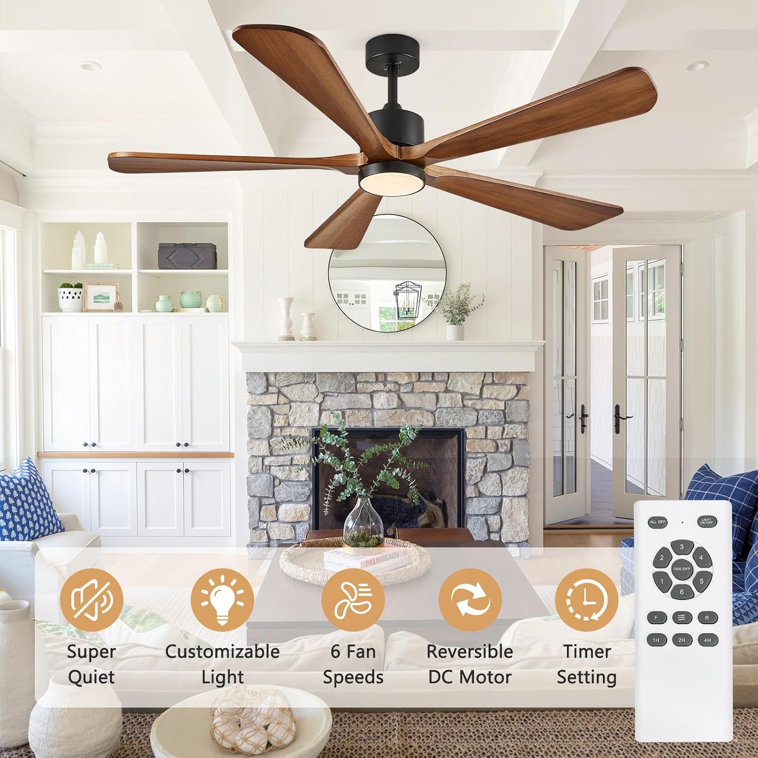 52 Inch Ceiling Fan with Lights and DC Motor by Remote Control,5 Reversible Solid Wood Blades,6-Speed Noiseless DC Motor, Modern Ceiling Fan for Indoor Bedroom Living Room Outdoor Patios