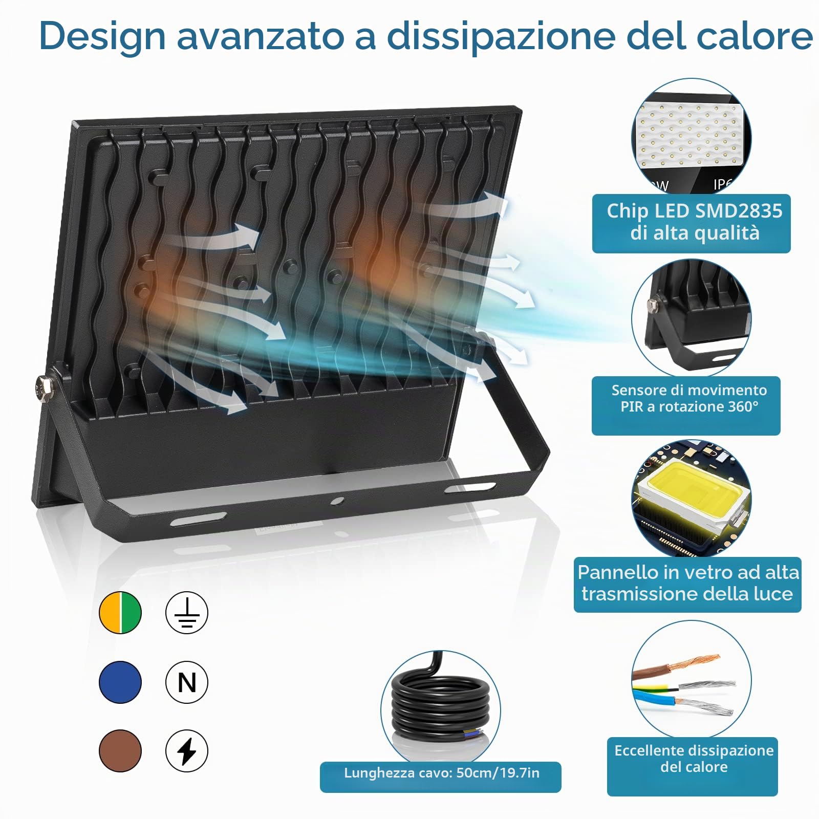 200W Faretto LED da Esterno, 20000LM 7000K Faretti LED,IP67 Impermeabile Super Luminoso Bianco Freddo Luce di Sicurezza per Casa, Cortile, Giardino, Palestra, Garage