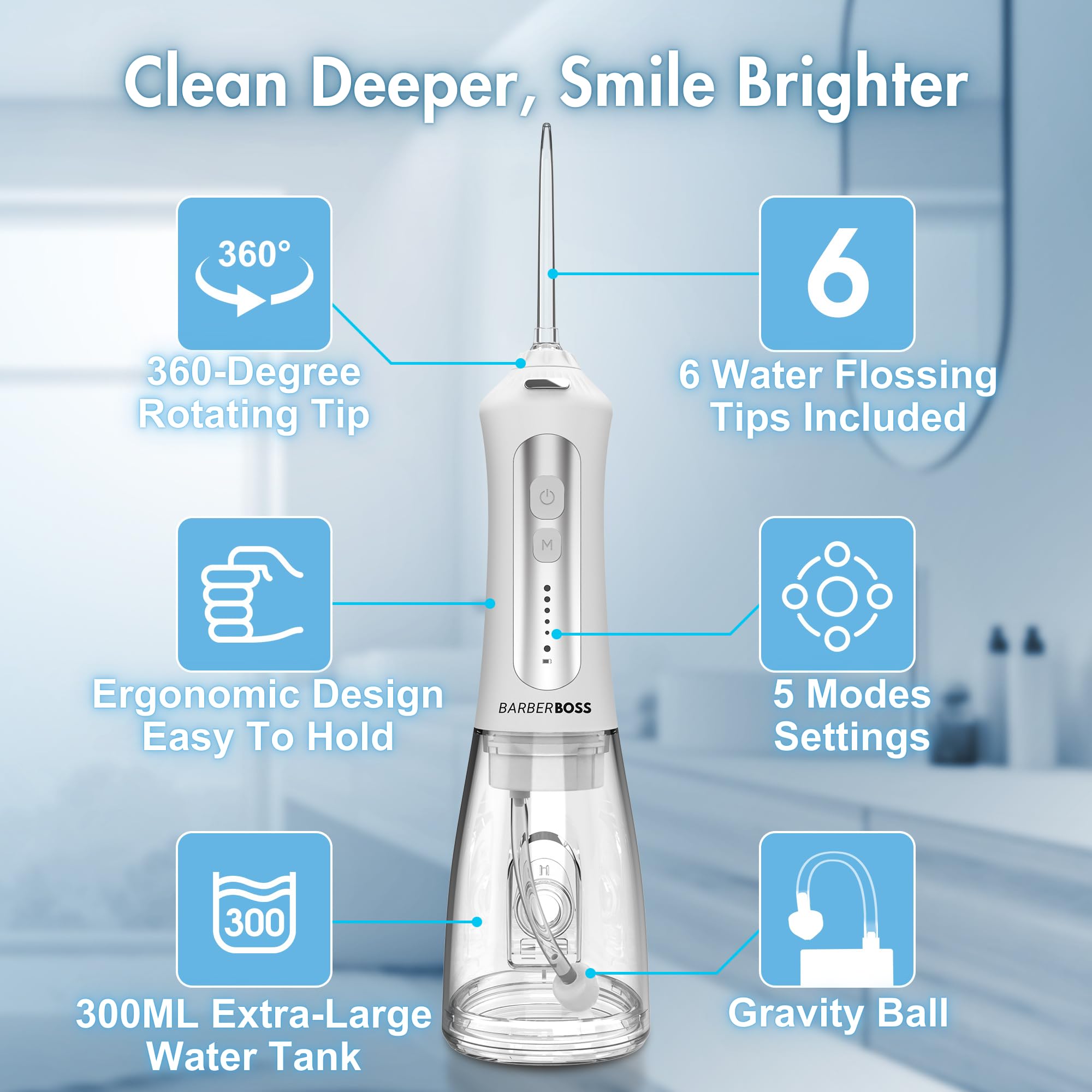 Barberboss Idropulsore portatile per denti, irrigatore orale ricaricabile, kit filo interdentale con 5 impostazioni di pressione, 5 ugelli intercambiabili, serbatoio dell'acqua da 300 ml e design