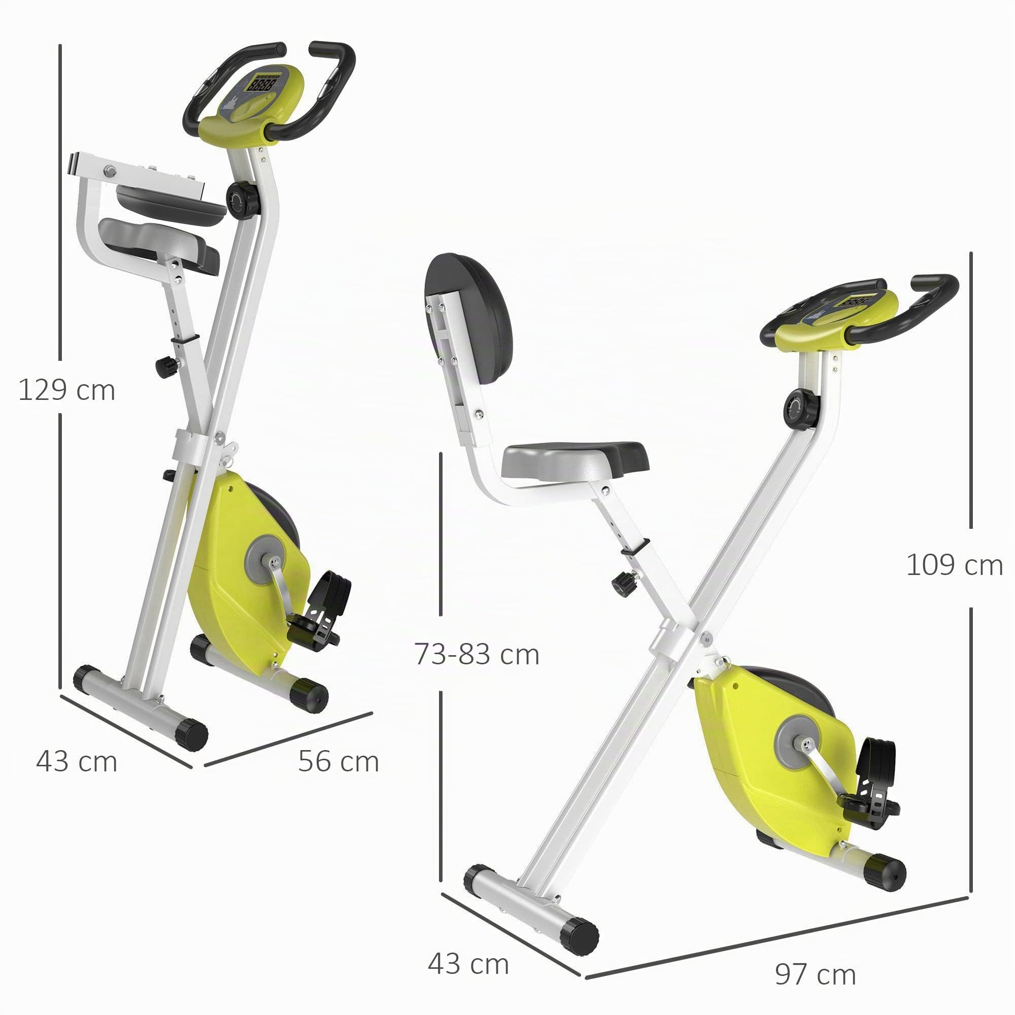 HOMCOM Cyclette Pieghevole da Fitness in Acciaio, Cyclette Magnetica Pieghevole da Casa con Altezza Regolabile, Resistenza Magnetica a 8 Livelli, Schermo LCD, 43x97x109cm