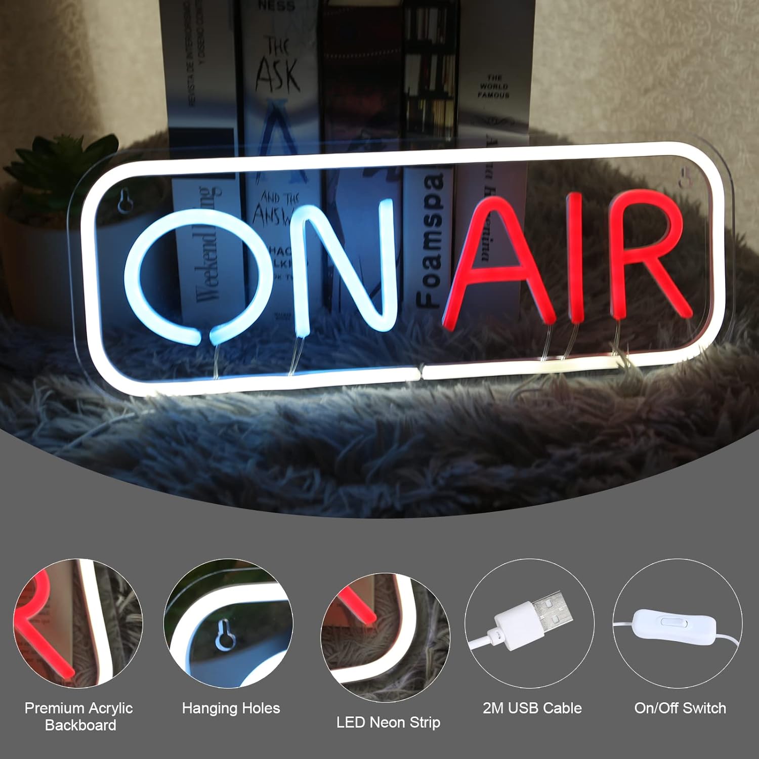 ON AIR Neon Sign LED Lights Signs Decorative Bright Night Light for Radio Television Video Podcast Party Wall Bedroom Club16''*6'' inch with 5V ON/OFF USB 2M Cable (Multi)