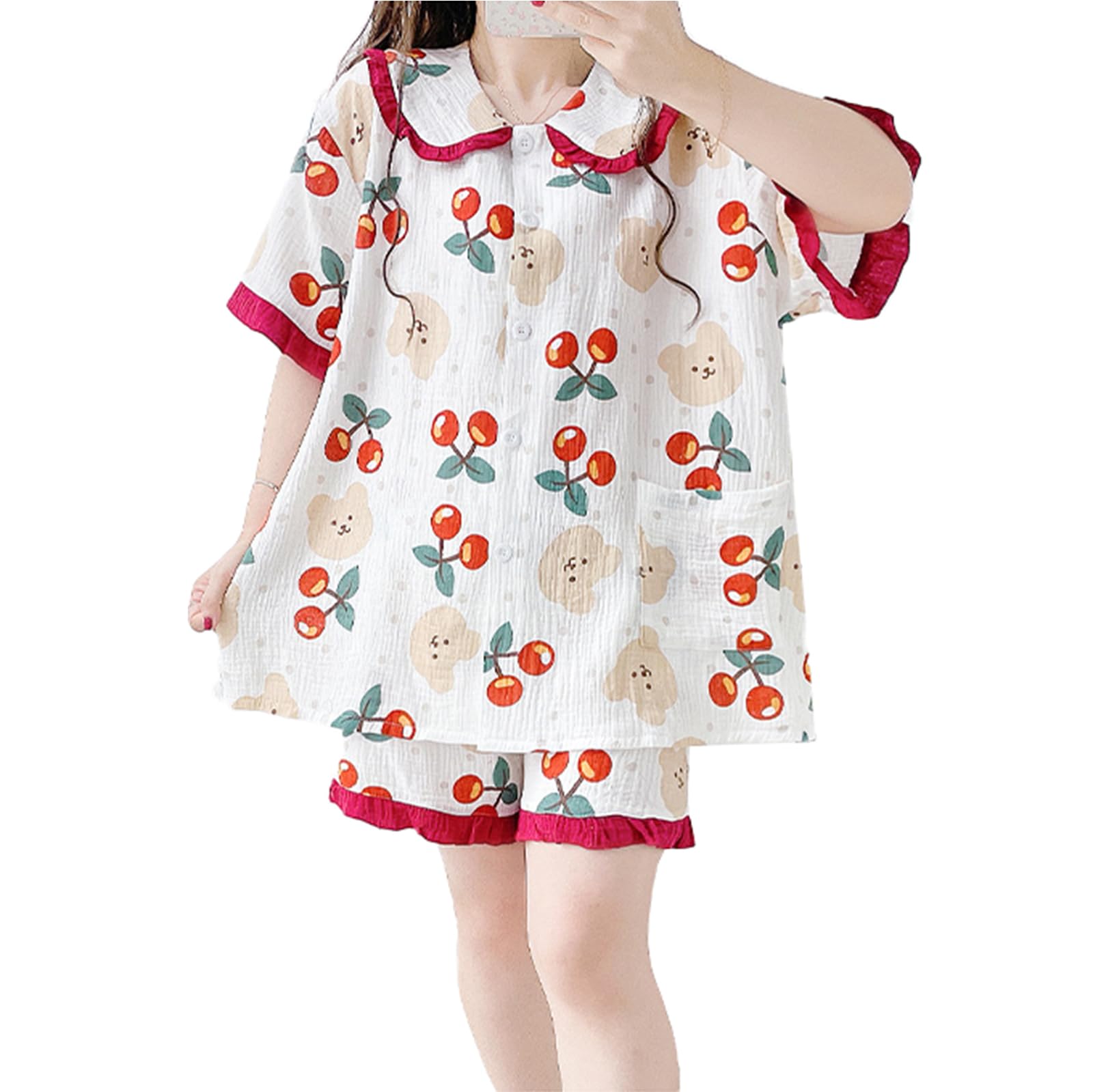 Generic Damski zestaw bawełniany piżamy 2-częściowy zestaw przycisków z krótkim rękawem Pjs Plus Size 4XL 5XL