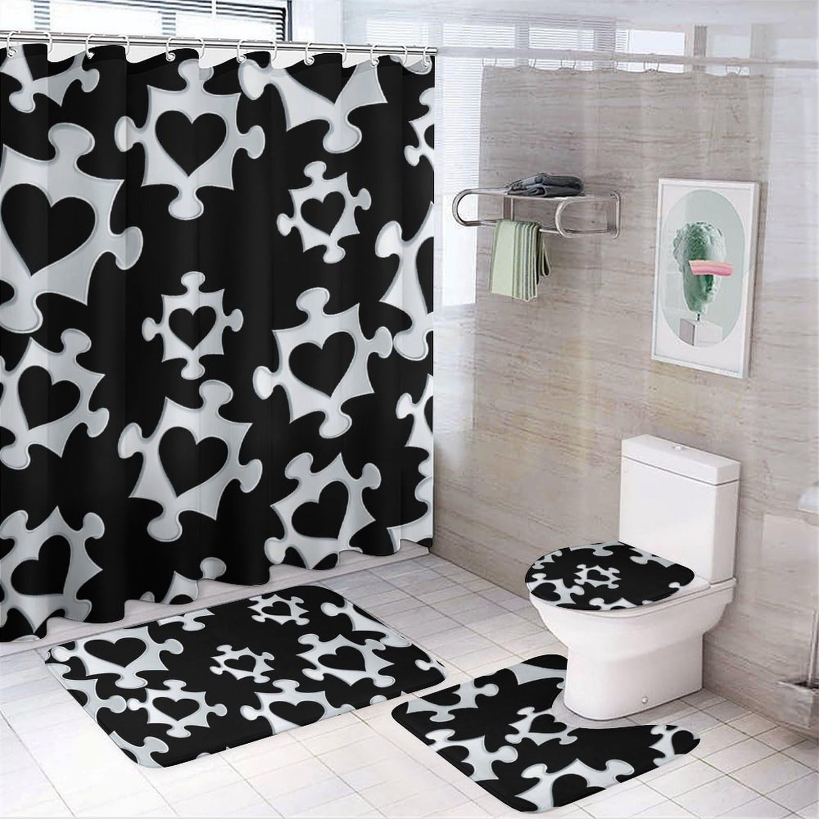 CGSBNGHA Autism Awareness Puzzle Piece Shower Curtain Set 4 Piece Bathroom Sets with Rugs Toilet Lid Cover And U-Shaped Floor Mat