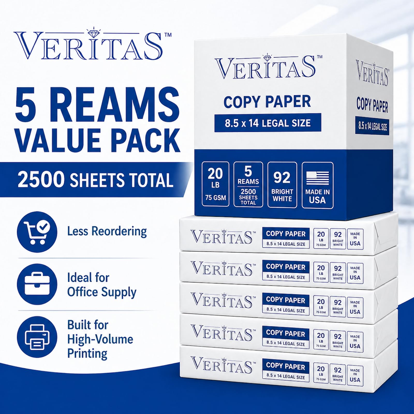 Veritas Kopierpapier, 8,5 x 14 cm, legale Größe, 5 Ries, 2500 Blatt insgesamt, 92 kg / 75 g/m², 92 hellweißes Mehrzweck-Druckerpapier für Büro, Geschäft, juristische Dokumente, Laser und Tintenstrahl