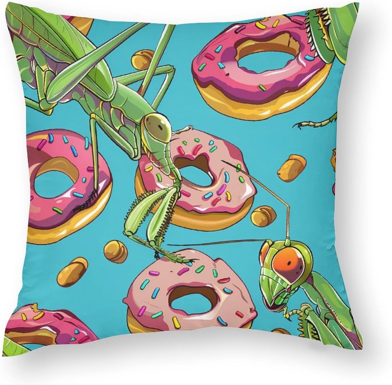 Praying Mantis and Donuts Printed Throw Pillow Case 4 Pcs Soft Pillowcases Pillows Covers Sofa Bed Decor 12/14/16/17/18/20/22/24/32 Inches