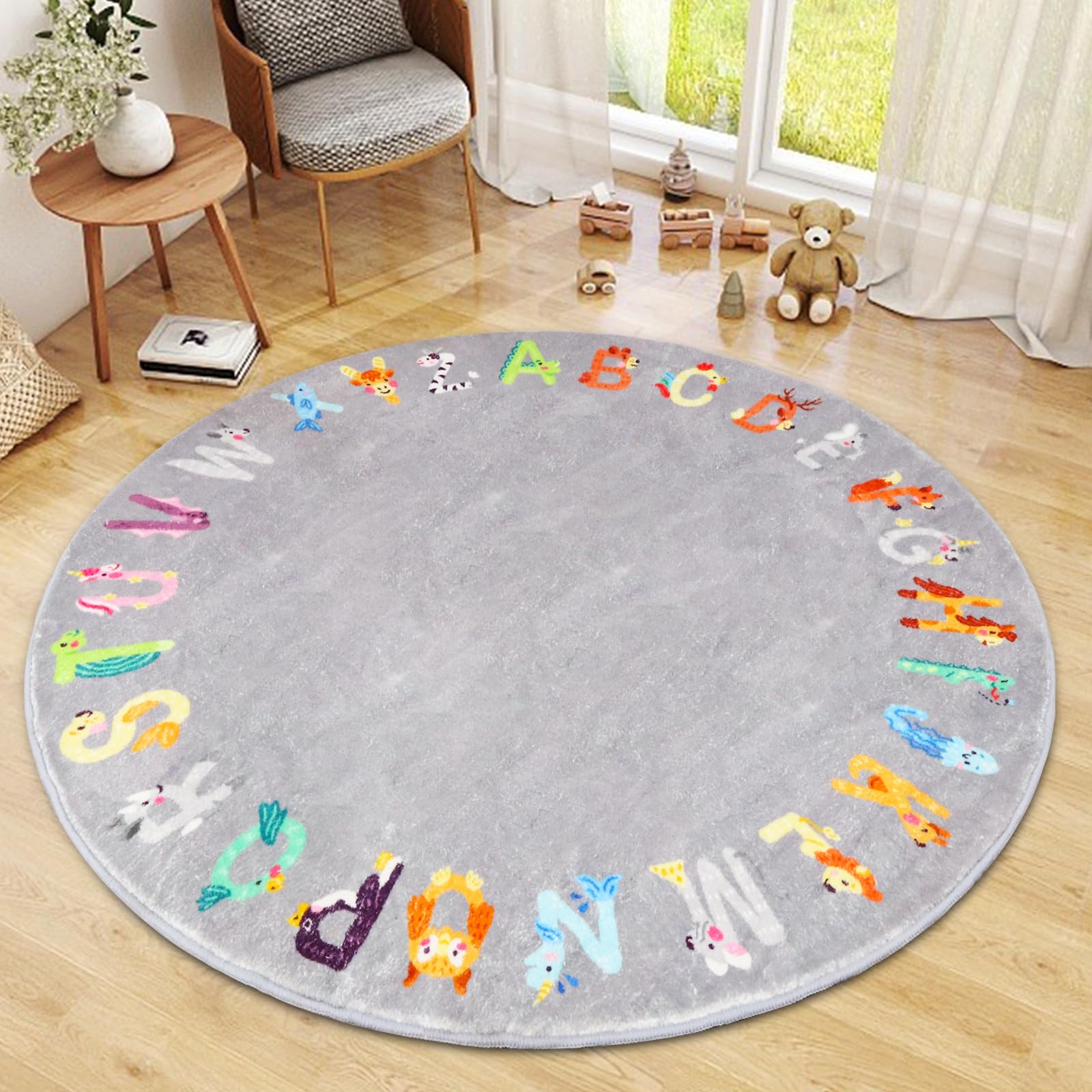 Round ABC Kid Rug,5.2 ft Animal Alphabet Playroom Rug,Washable Non-Slip Cute Nursery Rug for Kids Room,Educational Kid Play Rug Classroom Carpet for