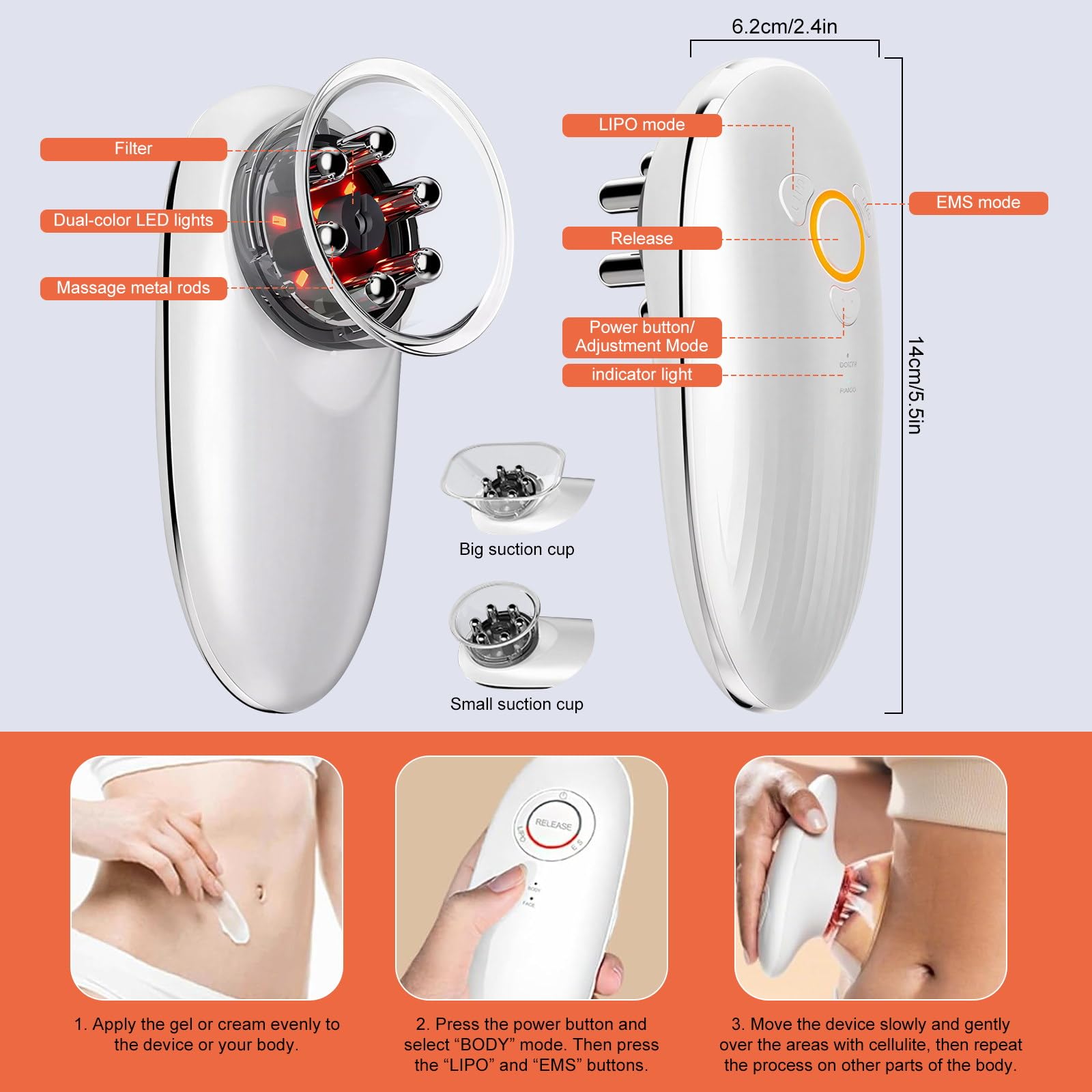 Massaggiatore a coppetta con vuoto, EMS e luce LED 3 in 1 – 3 livelli di aspirazione – massaggiatore elettrico per addome, gambe, glutei – uso domestico