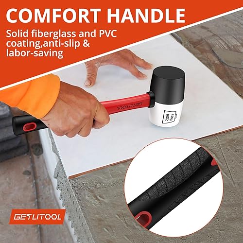 Miniatura 6 de GETLITOOL Mazo de goma negroblanco, martillo de goma de 16 onzas, sin marcas, con dos lados, martillo de goma con mango de fibra de vidrio