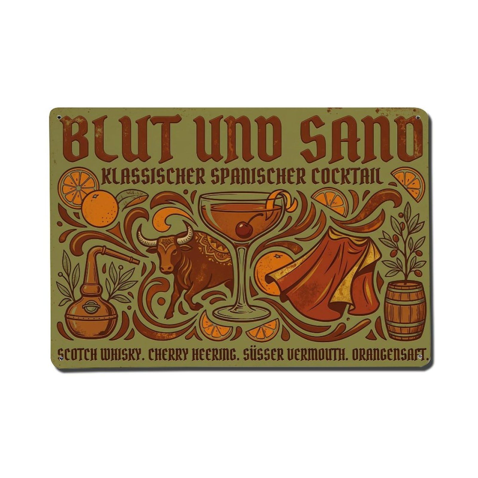 Blood Sand Aromatic Blend Classic Cocktail Beverage Recipe Metal Tin Sign Plaque Wall Decor for Cafe, Man Cave, Club Bar, Office, Home Garden Round Metal Poster 8x12Inch