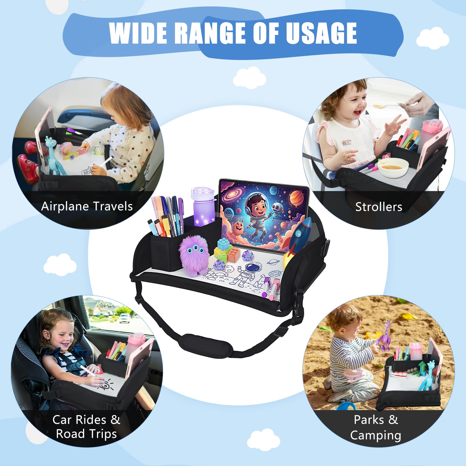 Bandeja de viaje mejorada para niños para asiento de coche, bandeja de viaje para avión, bandeja de mesa para artículos esenciales de viaje para niños, bandeja de regazo para niños pequeños,