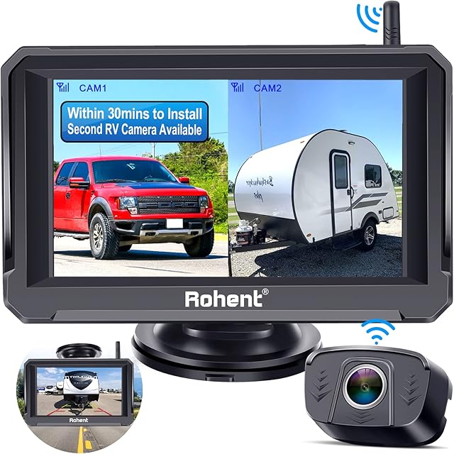 Wireless Reversing Camera HD 1080P Digital Signals 5 Inch Monitor Wifi Bluetooth Hidden Reverse Rear View Parking Cam Night Vision Waterproof for Caravan Van Camper Rohent R3
