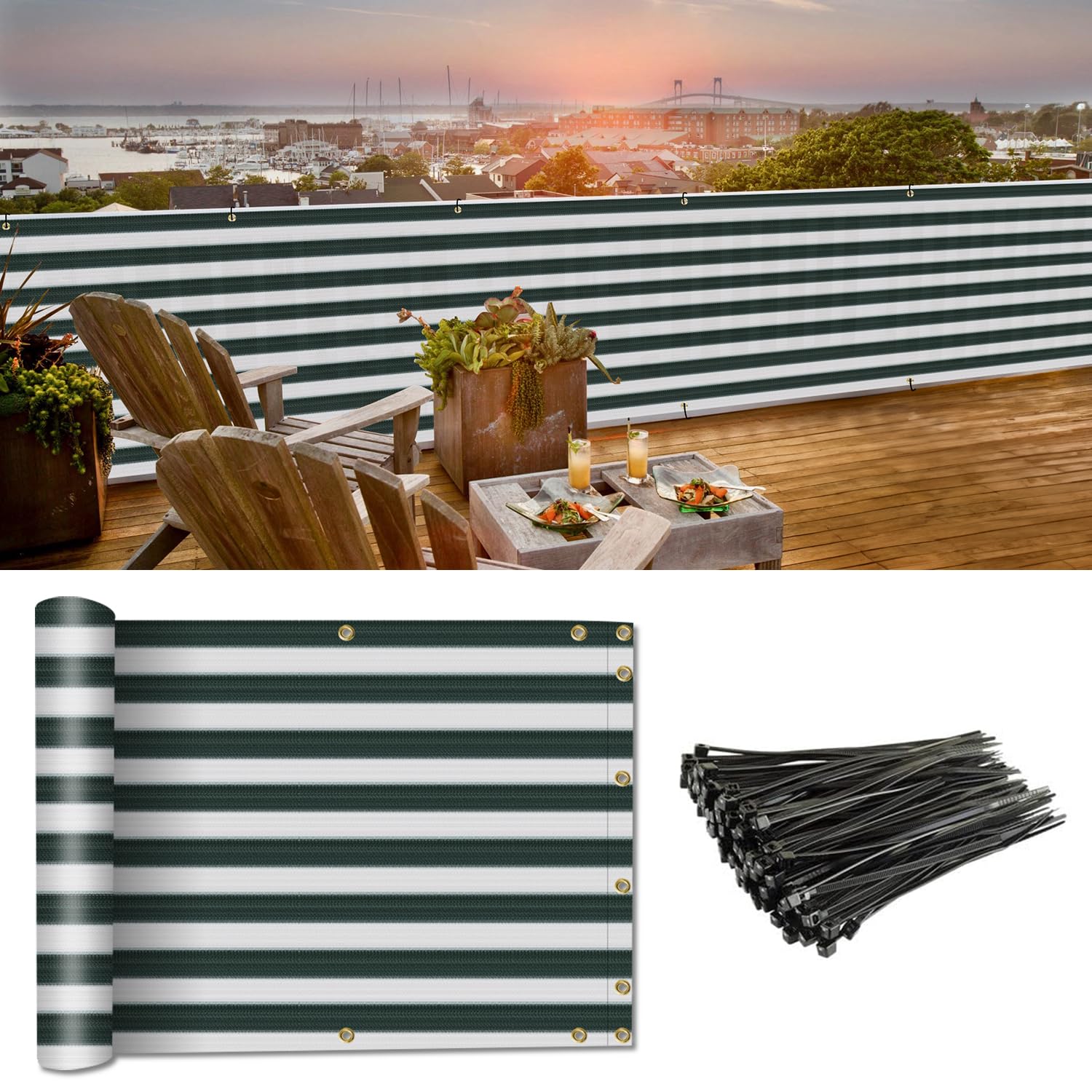 Coarbor Privacy Fence Screen Mesh for Balcony Porch Verandah Deck Terrace Patio Backyard Railing 160GSM Up to 90% Blockage 3'x44' Green and White Strips