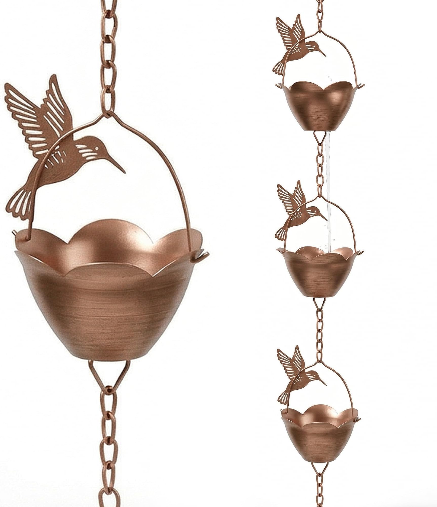 Topadorn 7.85 FT Rain Chains Decorative Iron Gutter Chain with 12 Rain Collector Cups with Hummingbird Petal Iron Flower Cups Garden Decorative