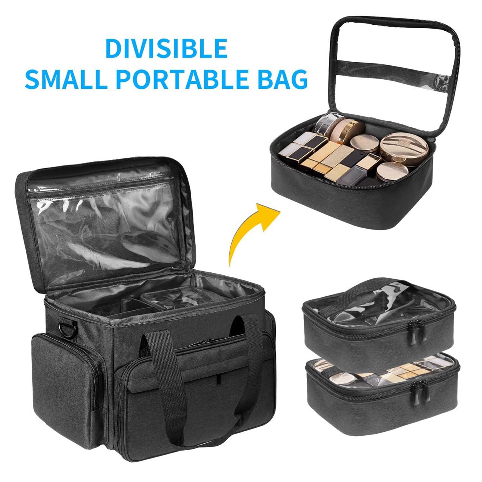 Grande trousse de maquillage avec 2 poches amovibles, séparateurs amovibles et bandoulière, sac de rangement professionnel pour fournitures capillaires, articles de toilette, salon de beauté, barbier