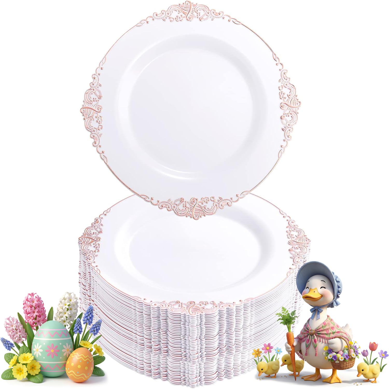 Morejoy 100pcs Plastic Plates - Disposable - 7.5 inch White and Rose Gold Dessert Plates for Weddings & Parties & Shower