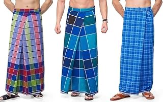 Dhoti/Sarong Coverups/Wrap For Men | 100% Cotton Indian Traditional Lungi Checked Design Dress | Long Sarong Cover Ups For The Beach | 3 Handloom Piece Combo Pack Comfortable (Color May Vary)