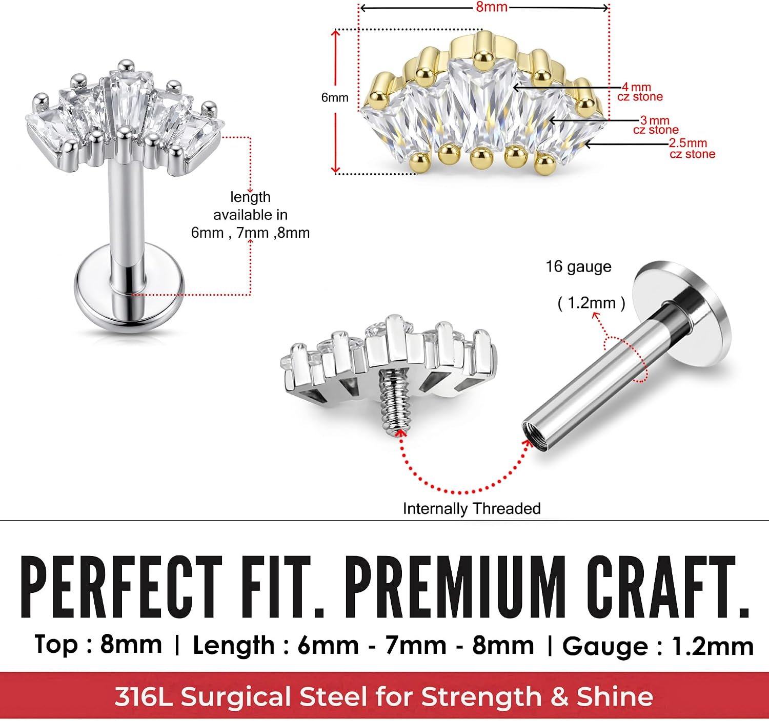 Five Baguette Cz Stones Setting in Fan Shape Design Internally Threaded Top 16 Gauge - 6mm, 7mm, 8mm Length Flat Back Lip Labret Stud - Tragus Earring - Cartilage, Helix - Tragus Piercing Jewelry