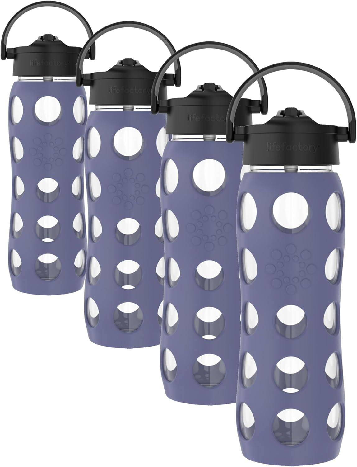 Lifefactory 22-Ounce Glass Water Bottle with Pivot Straw Cap and Protective Silicone Sleeve, Dusty Purple (Pack of 4)