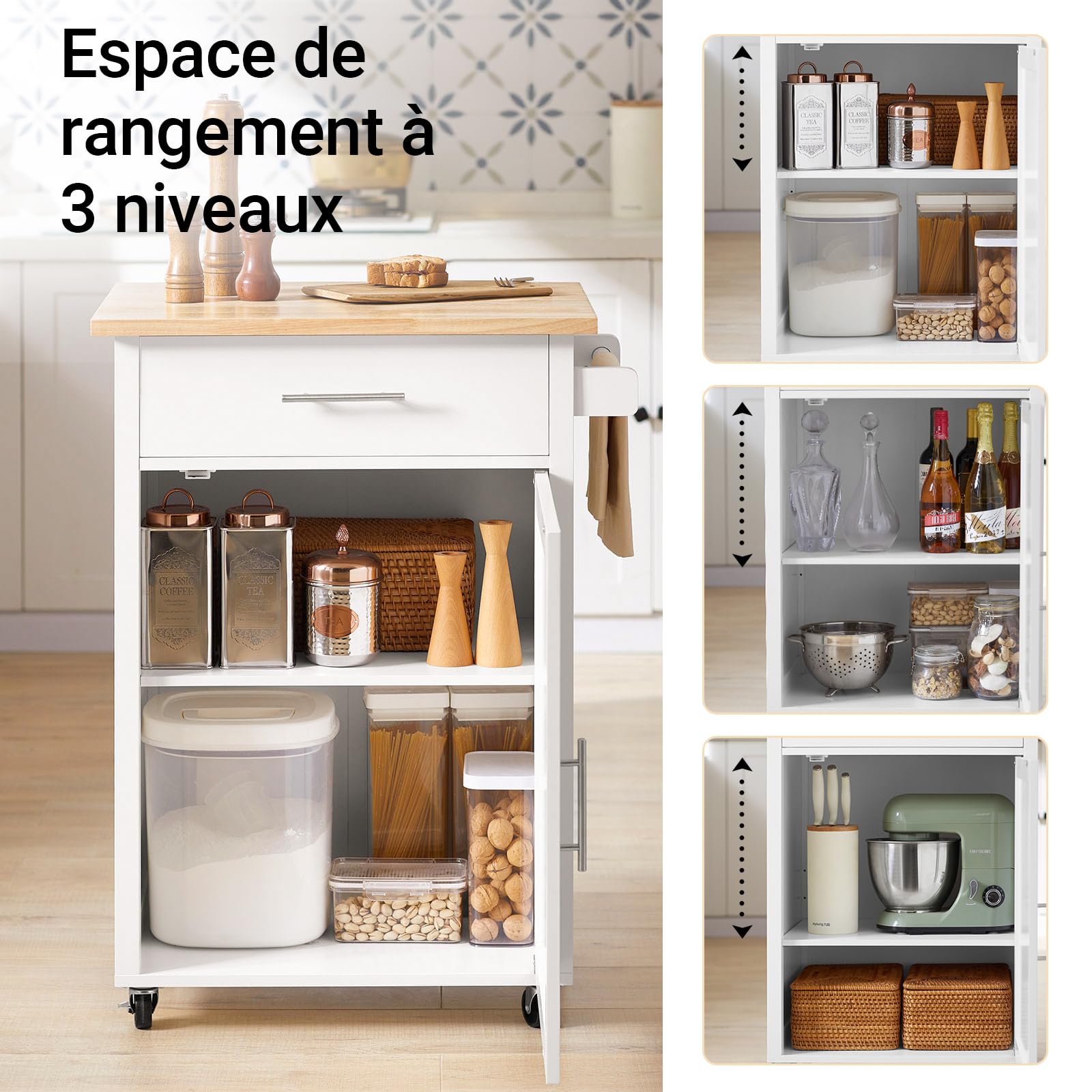 SoBuy Desserte Cuisine à roulettes freinées & Plan, 68x90x46cm, Cuisine | Meuble Cuisine avec tiroir, tablette réglable & porte-serviettes, charge 45 kg, MDF(E1), salle à manger/extérieur, FKW102-WN