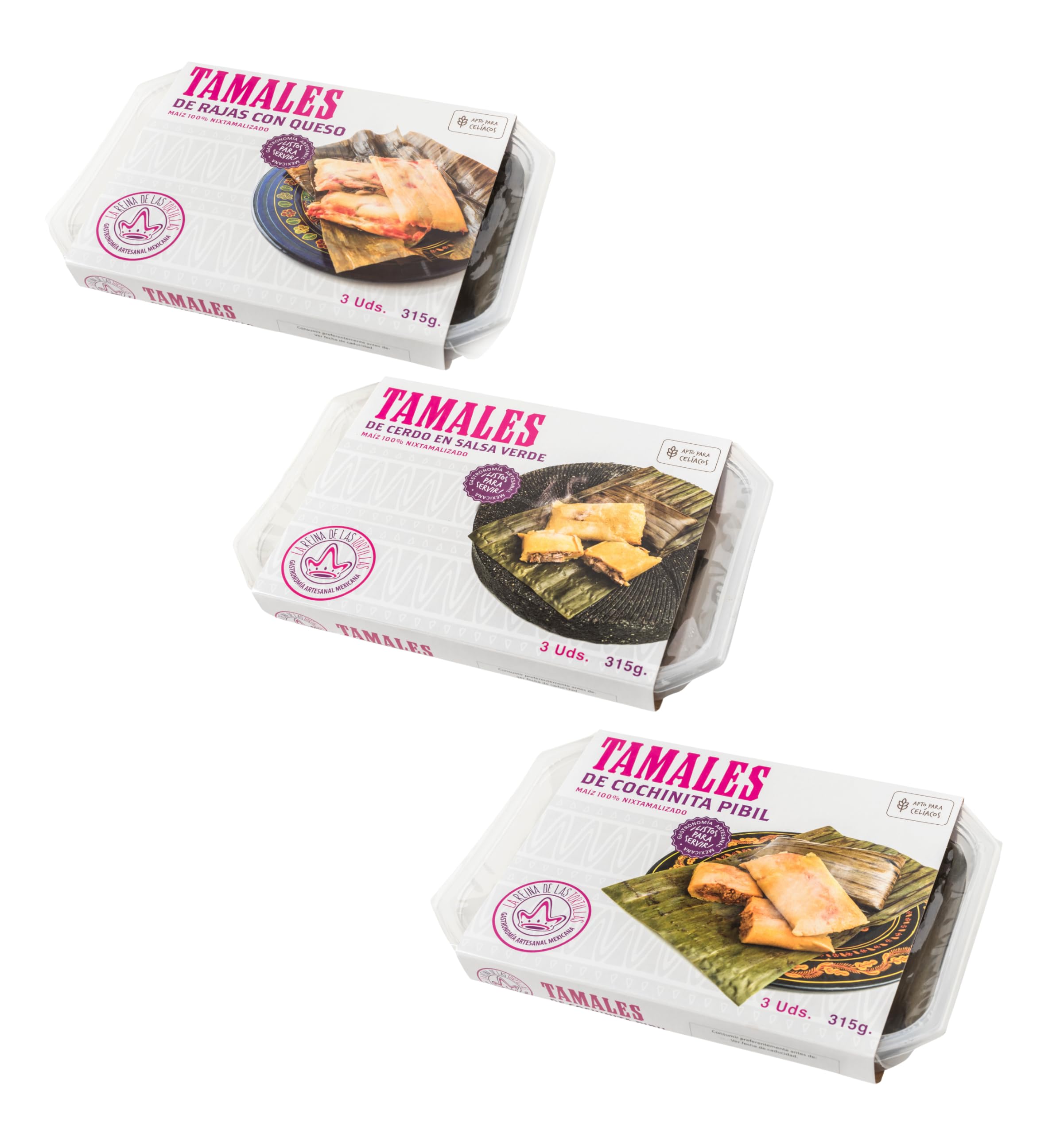 La Reina de las Tortillas - Pack 6 - Pork Tamales in Green Sauce 3pcs + Cochinita Pibil Tamales 3pcs + Rajas Tamales with Cheese 3pcs - European Leader in Mexican Artisan Gastronomy