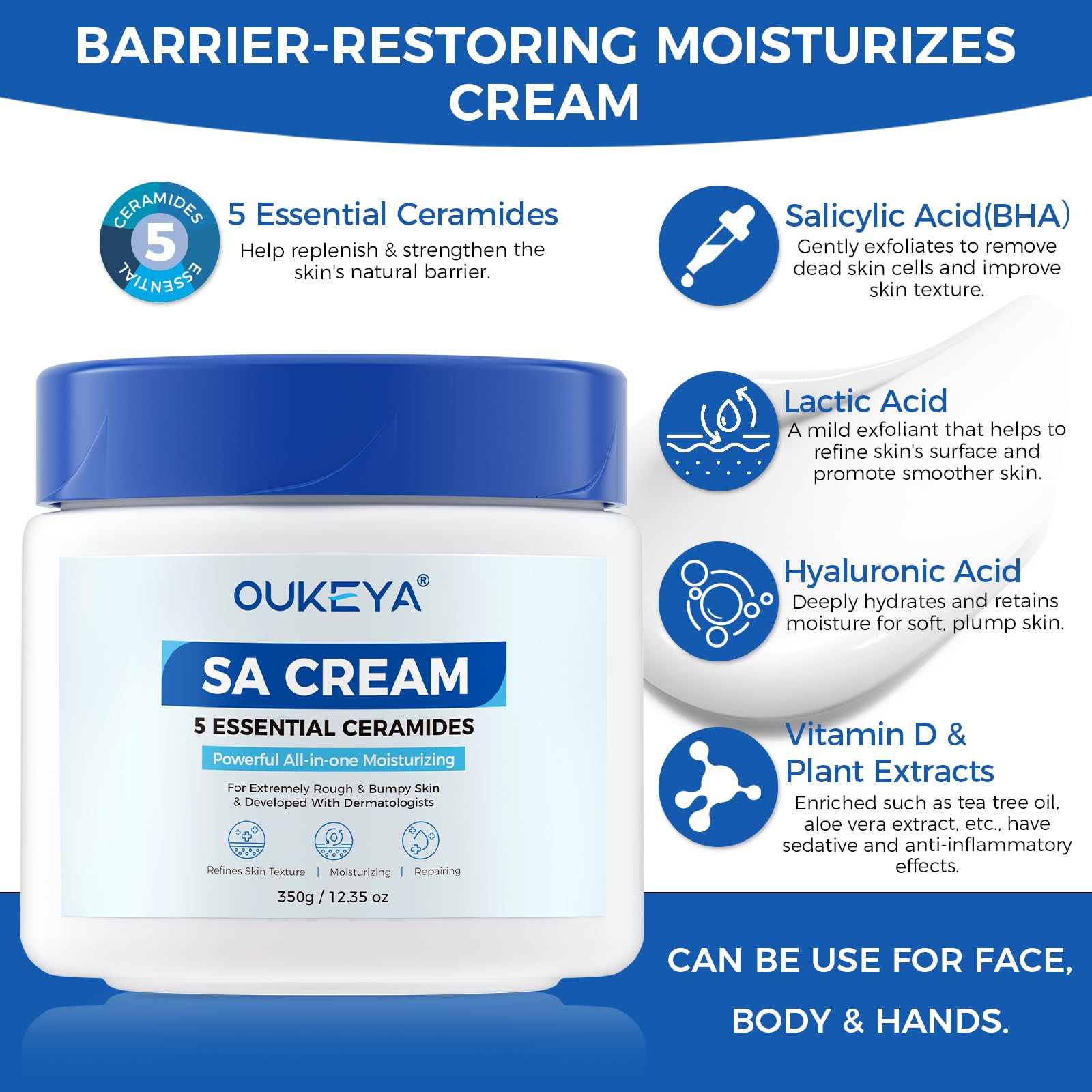 OUKEYA SA Smoothing Cream with 5 Ceramides, Salicylic Acid & Hyaluronic Acid for Rough & Bumpy Skin - Image 3