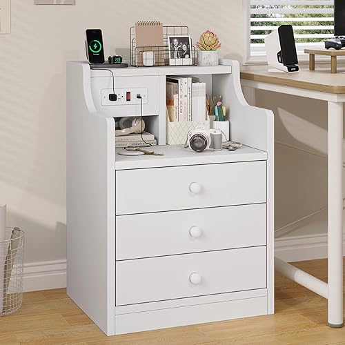Miniatura 8 de Tiptiper Juego de 2 mesitas de noche blancas con gabinete y estación de carga, mesita de noche con 3 cajones para dormitorios, juego de 2, mesa