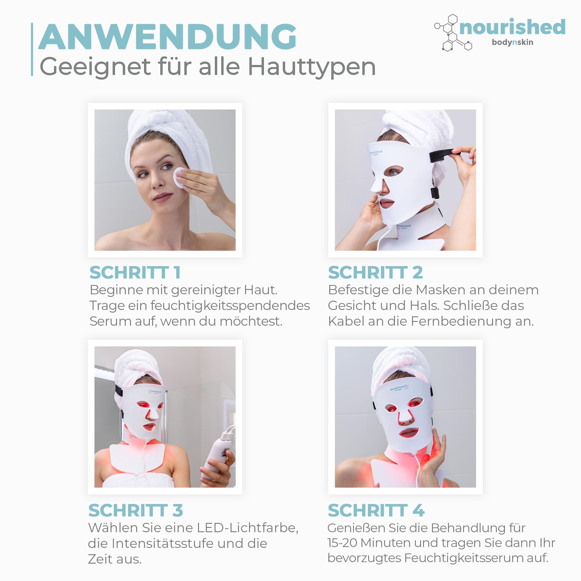 Nourished Bodynskin LED Lichttherapie Gesichts- & Halsmaske - Gesichtspflegegerät - 7 Farben Rot & Blau - Verjüngung, Anti-Aging-Produkt gegen Falten