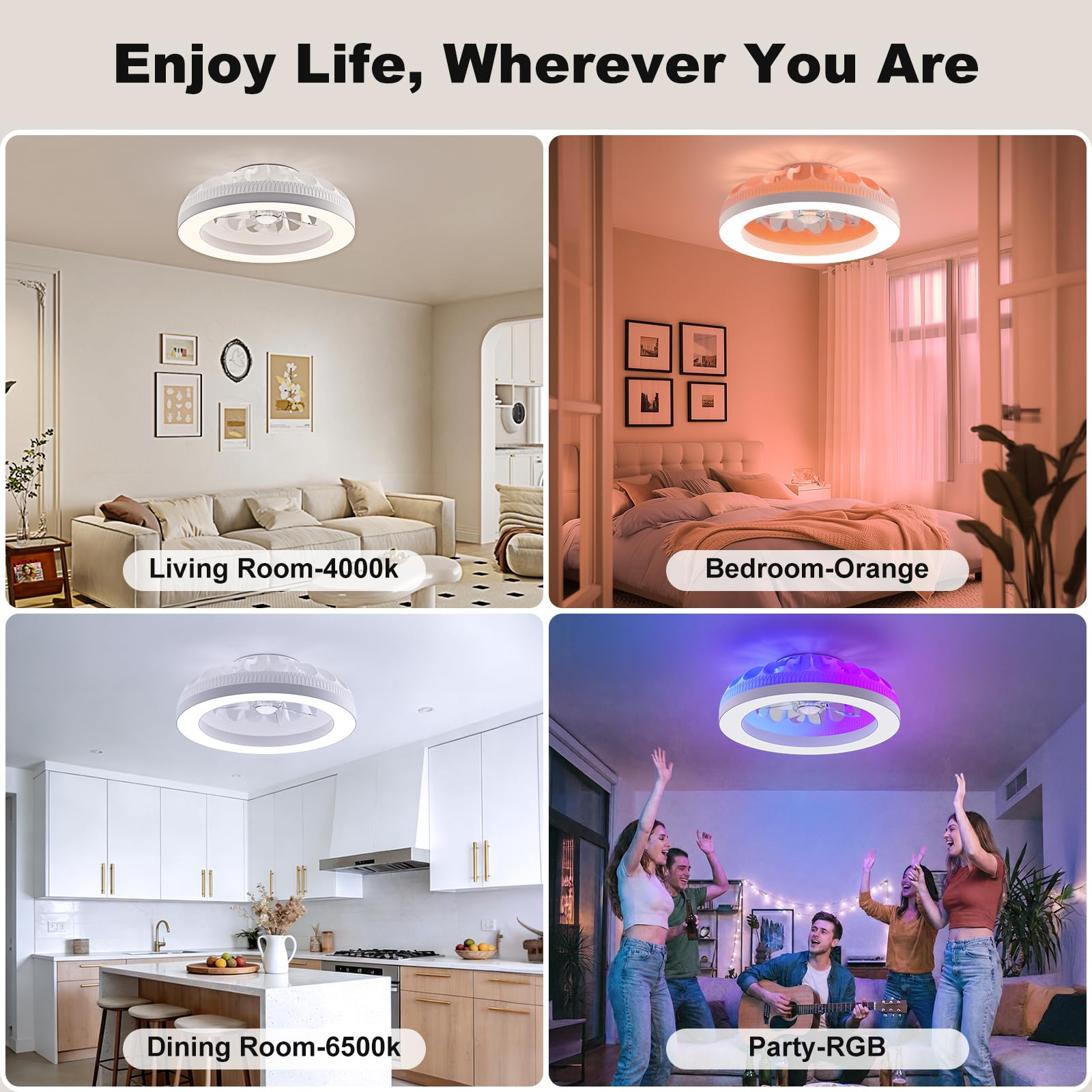 Ateroll Ventilatore Da Soffitto Con Luce, 48 cm Lampada Ventilatore e Telecomando,Dimmerabile 3000K-4000K-6500K-RGB, DC 25W LED 25W, 6 Velocità, Memoria Timer Illuminazione,Modalità Estate e Inverno
