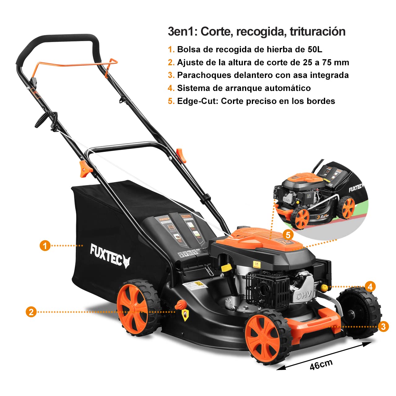 Cortacésped de Gasolina FUXTEC FX-RM4646ECO 46cm de Anchura de Corte - Potente Motor de Gasolina de 146cc Easy Clean 3en1 2,6KW Mulching recogedor de Hierba 50L