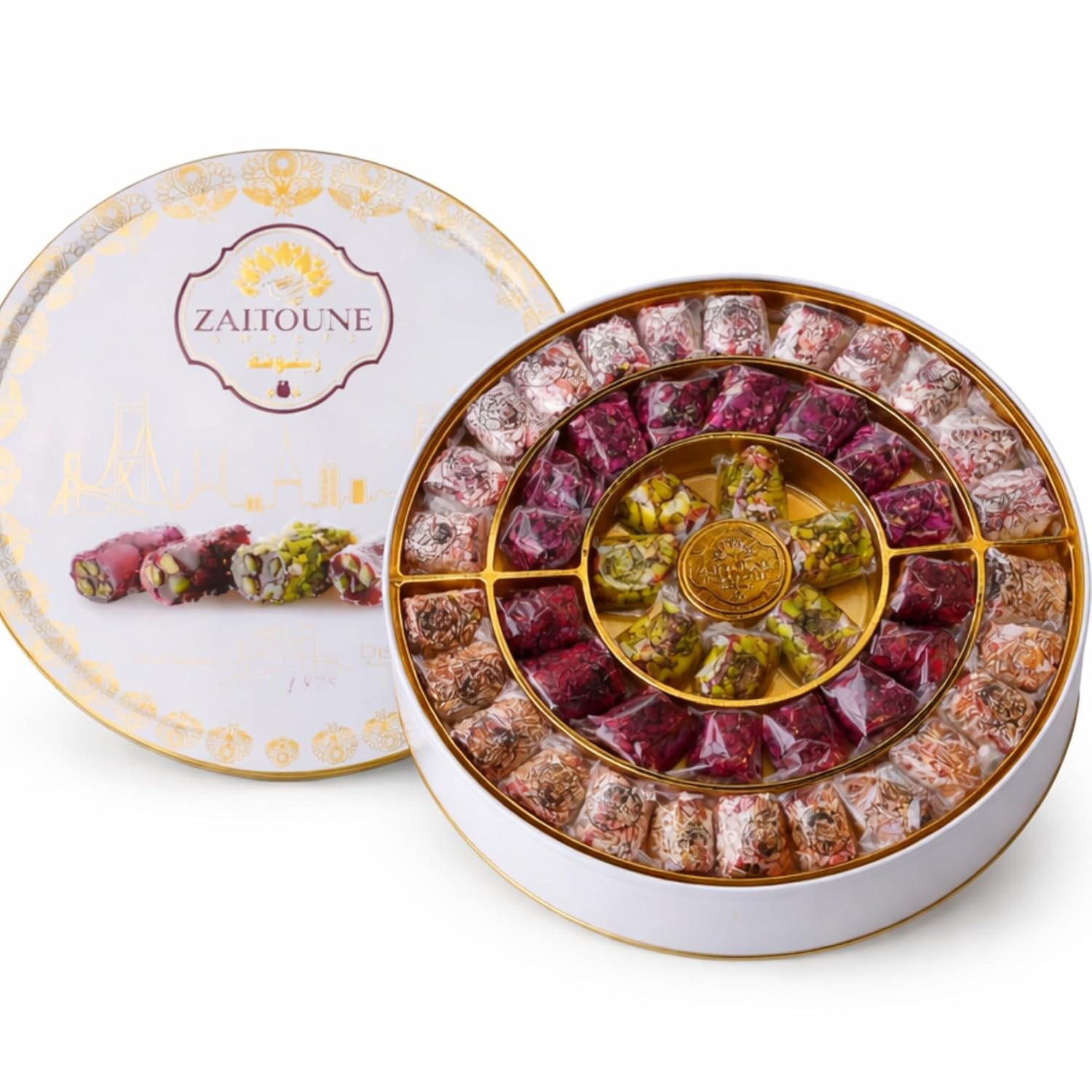 Zaitoune Turkish Delight Mix - 22 oz | Luxury Coatings of Pomegranate, Pistachio, Coconut, Kataifi & Rose | Authentic Lokum Sweet Assortment in a Beautiful Gift Tin | Handmade & Individually Wrapped