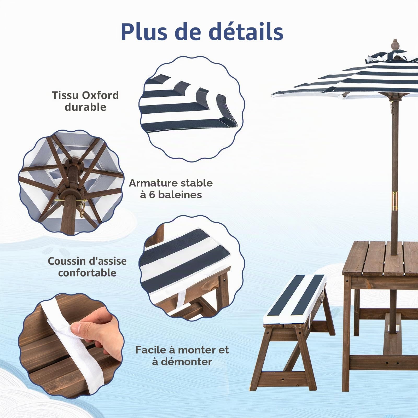 SOARS Ensemble de Table de Pique-Nique pour Enfants avec Parasol Réglable, Table et Bancs en Bois de Sapin pour Enfants avec Parasol et Coussins Doux, Salon de Jardin et Parc (Bleu)