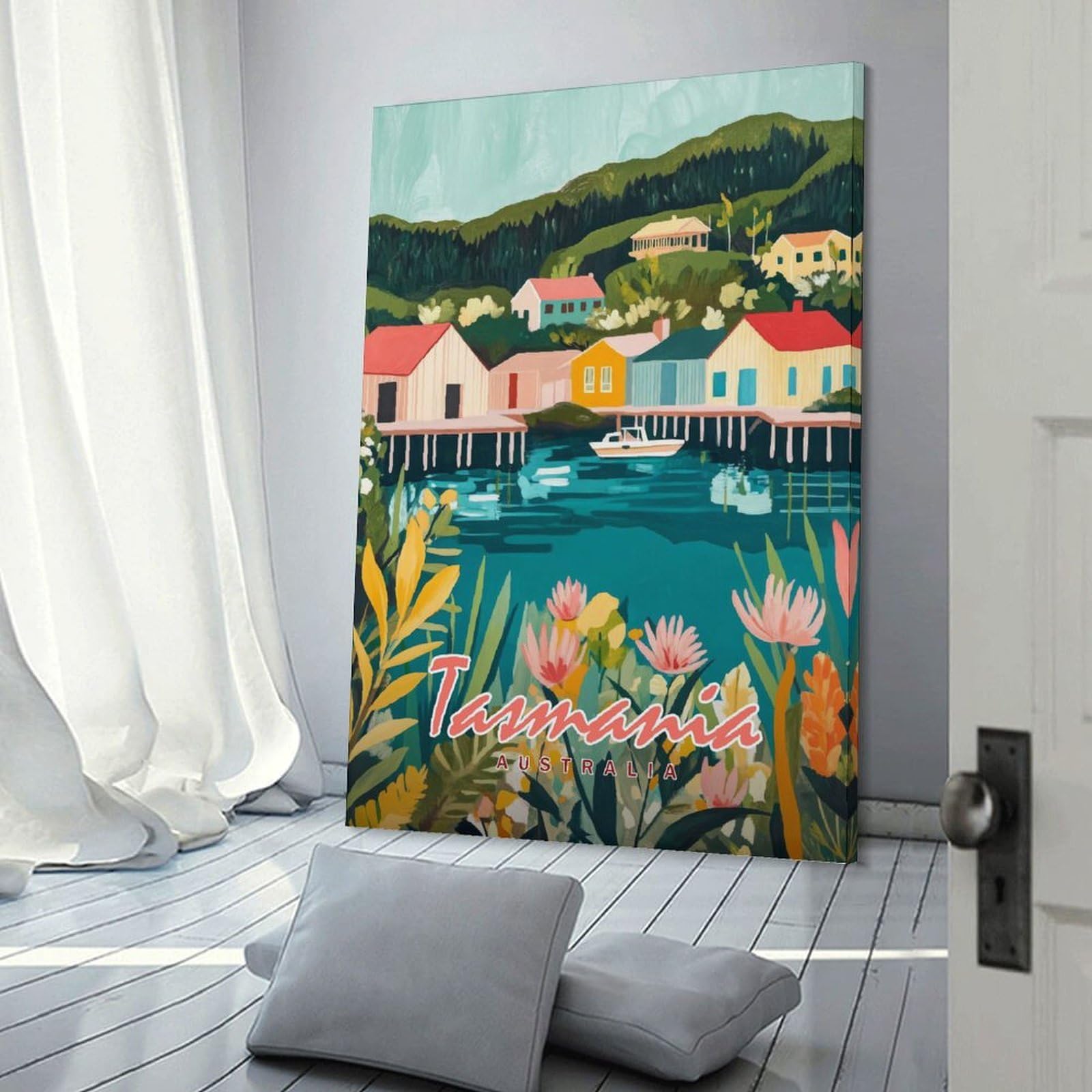 Junmoney Wall Decor Canvas Print Tasmania Watercolor Landscape, 24x36inch(60x90cm), for Bedroom Walls, Guest Spaces Or Lounges, An Easy Wall Refresh for Bedrooms