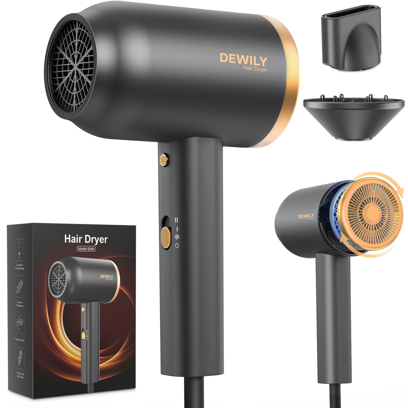 Asciugacapelli ionico con diffusore –1800W per un’asciugatura rapida con tasto caldo/freddo, asciugacapelli con diffusore termoregolato, 3 livelli di calore, 2 velocità,Oro e Nero