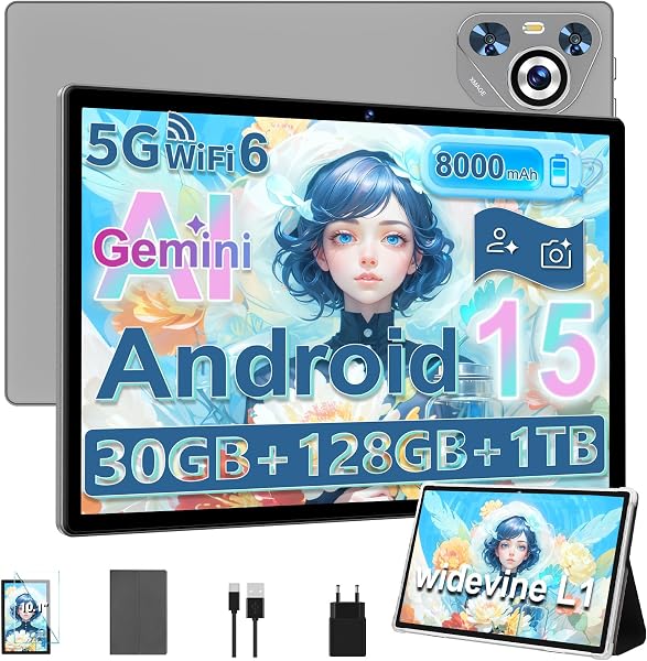 Dghrti Tablet Android 15, Schermo IPS HD 10 Pollici, 30 GB RAM e 128 GB + Estensione 1TB TF, Octo-Core e 8000mAh, WiFi 6, Widevine L1-5+8 MP, Telaio in Metallo, Tablet touch con Custodia- Grigio - 1