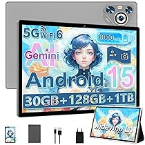 Dghrti Tablet Android 15, Schermo IPS HD 10 Pollici, 30 GB RAM e 128 GB + Estensione 1TB TF, Octo-Core e 8000mAh, WiFi 6, Widevine L1-5+8 MP, Telaio in Metallo, Tablet touch con Custodia- Grigio