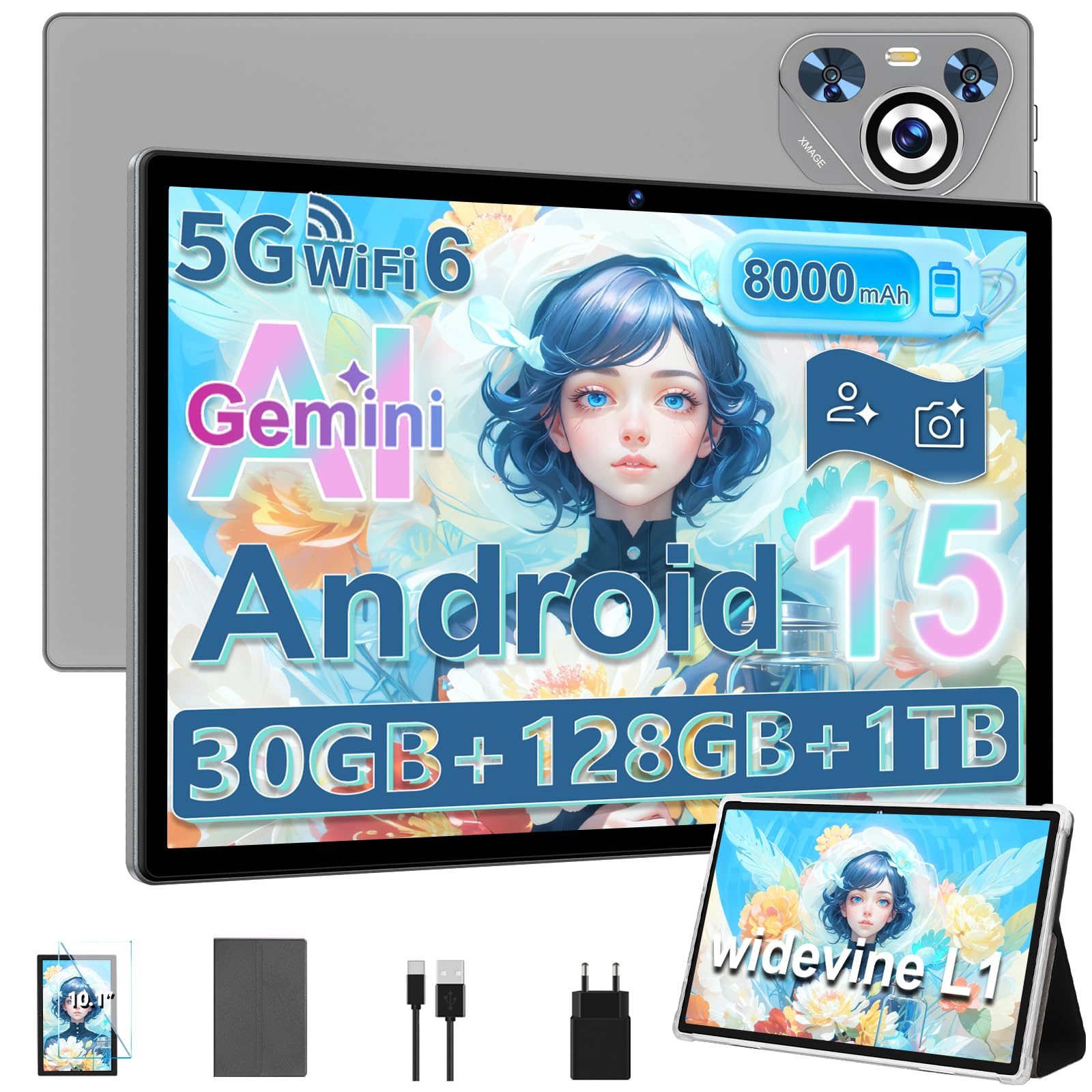 Dghrti Tablet Android 15, Schermo IPS HD 10 Pollici, 30 GB RAM e 128 GB + Estensione 1TB TF, Octo-Core e 8000mAh, WiFi 6, Widevine L1-5+8 MP, Telaio in Metallo, Tablet touch con Custodia- Grigio