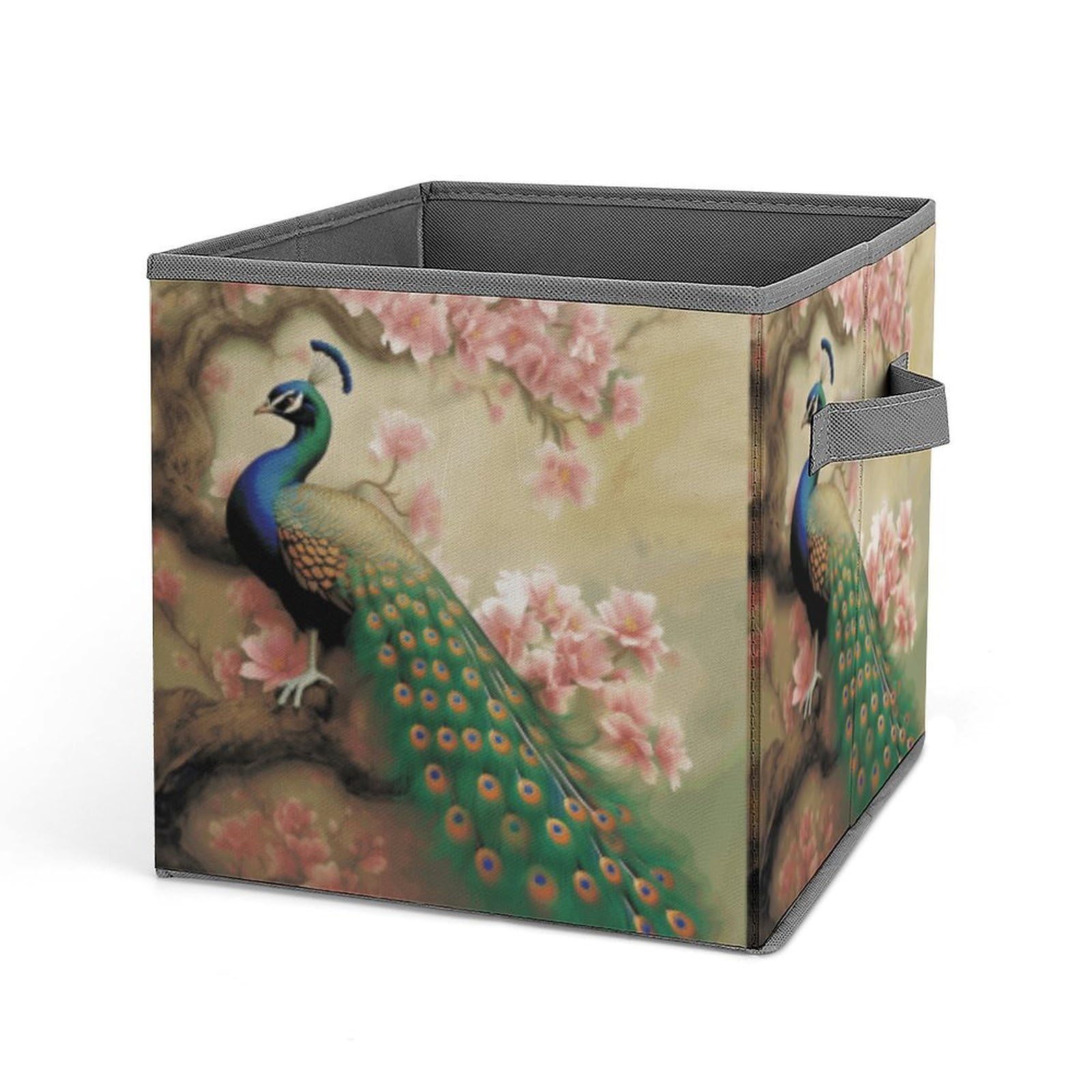 Oriental Peacock on Flower Tree Storage Baskets Collapsible, Exquisite Pattern Cube Box, Canvas Fabric Storage Bins with Handles, Clothe Organizer Box for Home Decorative Office Bedroom