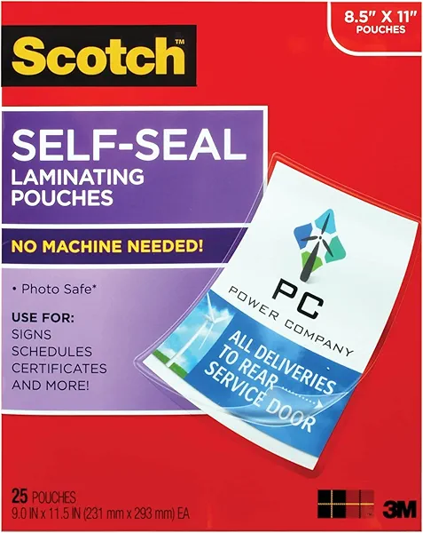 Scotch Self-Seal Laminating Pouches, No Laminator Needed, Letter Size 9.0 in x 11.5 in, 25-Pack
