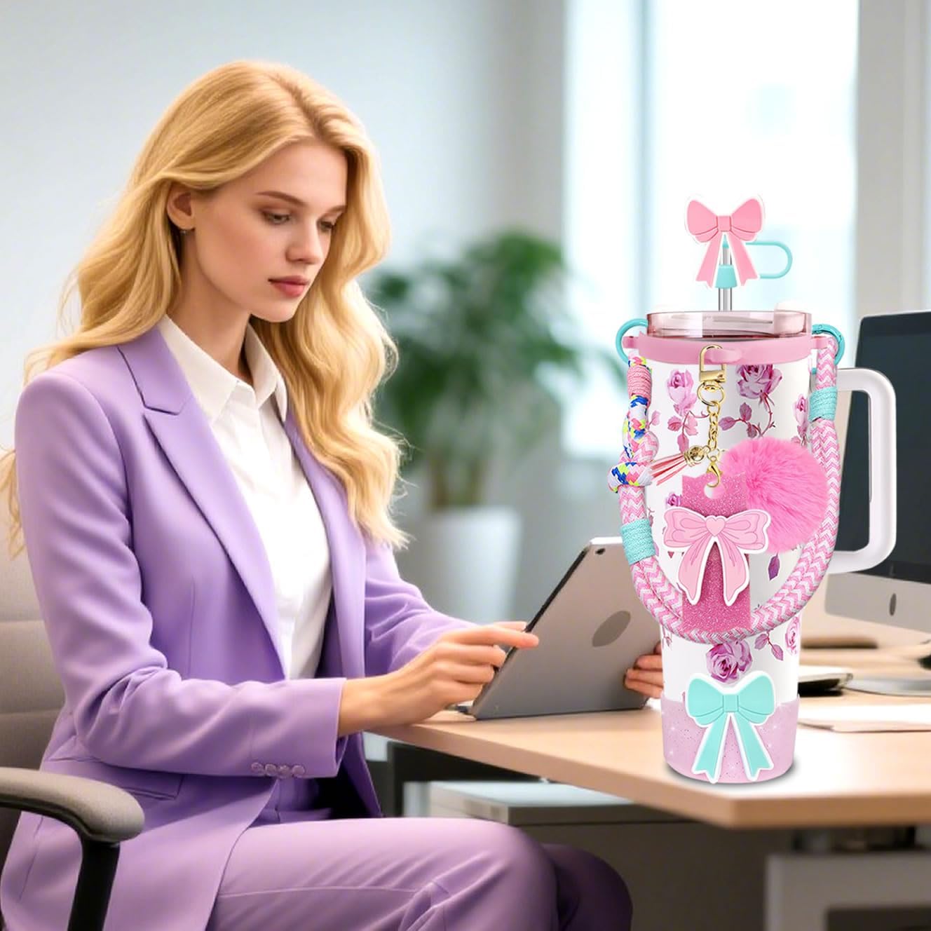 8Pcs Girly Bow Accessories Set for Stanley Cup 20oz30oz40oz, Including Straw Topper, Keychain Charms, Handle Strap, Silicone Boot, Bow Tumbler Lid Topper Compatible with Stanley Tumblers (Pink) - Image 5