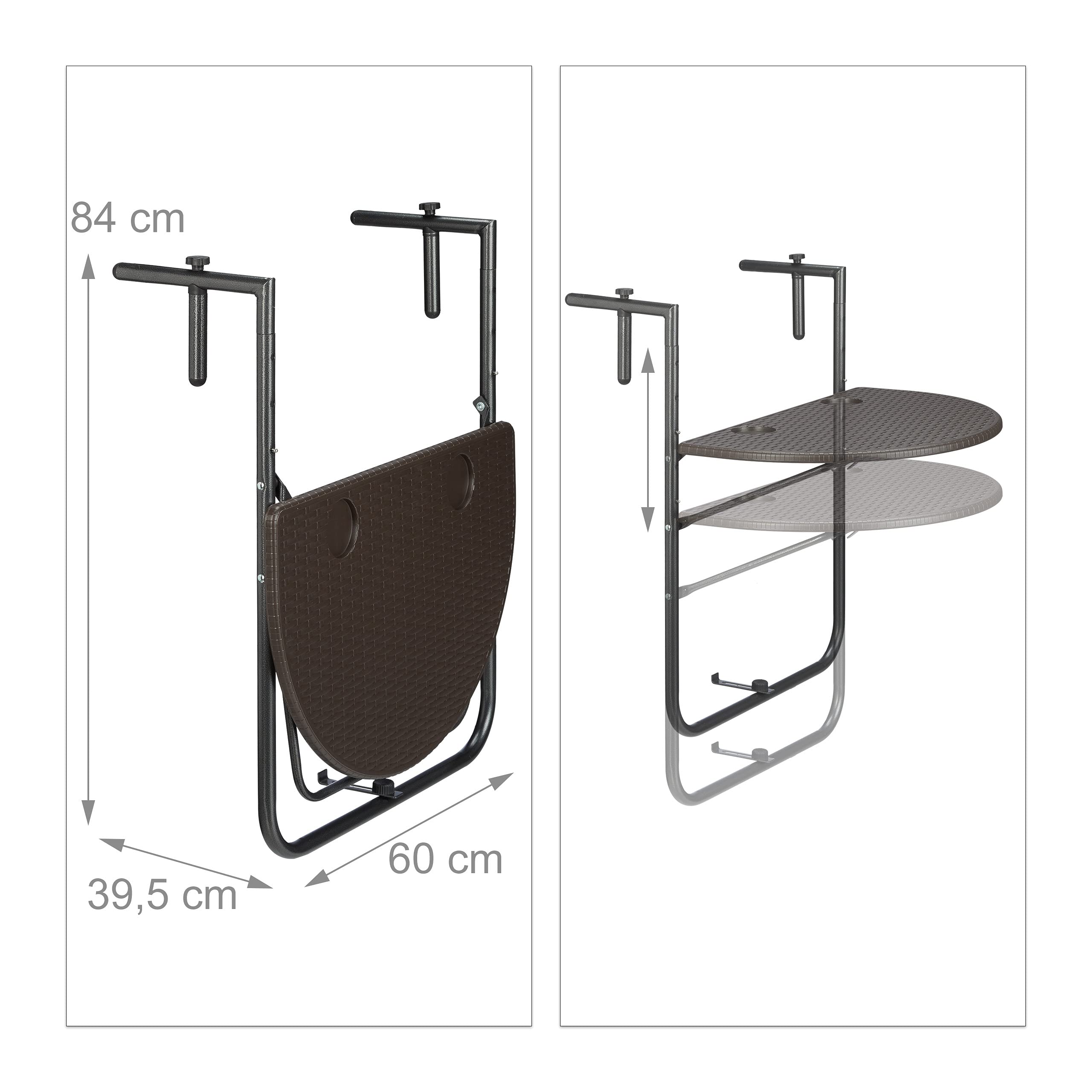 Relaxdays Mesa Plegable Balcón Colgante Bastian, 3 Alturas, Mesilla Efecto Ratán, Tablero de 60x40cm, Barandilla, Marrón