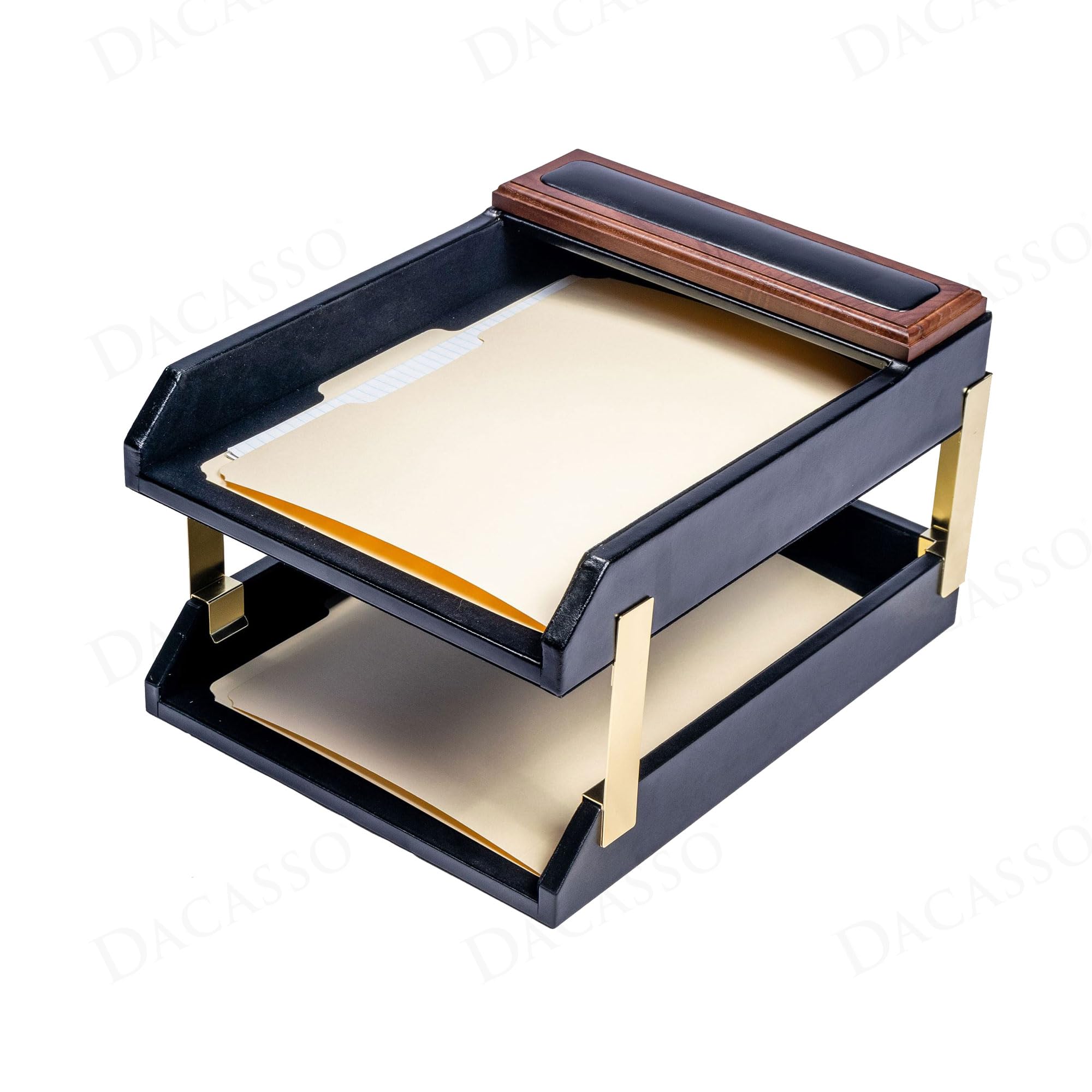 Dacasso Walnut & Black Leather Double Letter Tray Set w/Gold Stacking Posts - Luxury Executive Decor and Office Essential - Desk Surface Protector